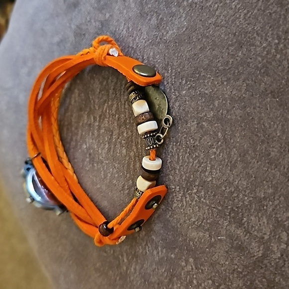 3/$30 Vintage Orange Boho Leather Beaded Watch Bracelet - Picture 6 of 6